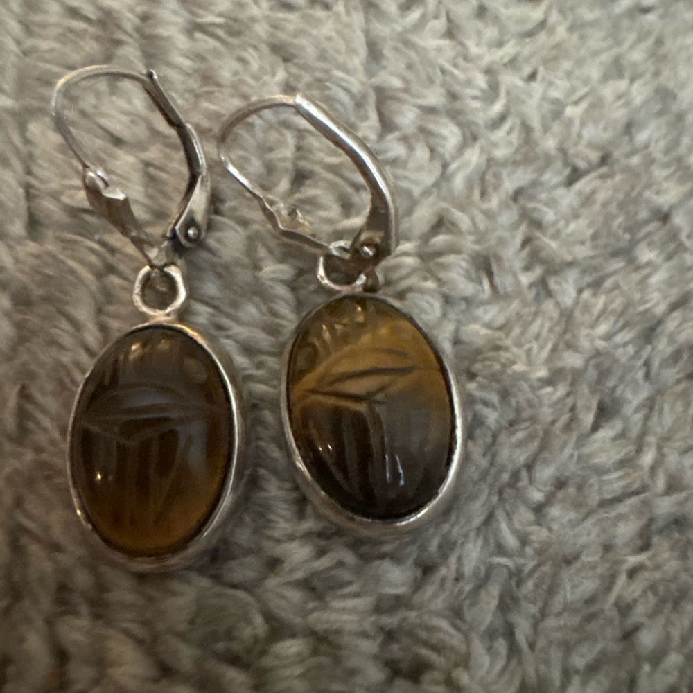Tigers eye scarab lever back earrings stamped .925